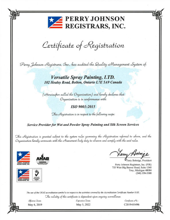 Certifications Versatile Spray Painting